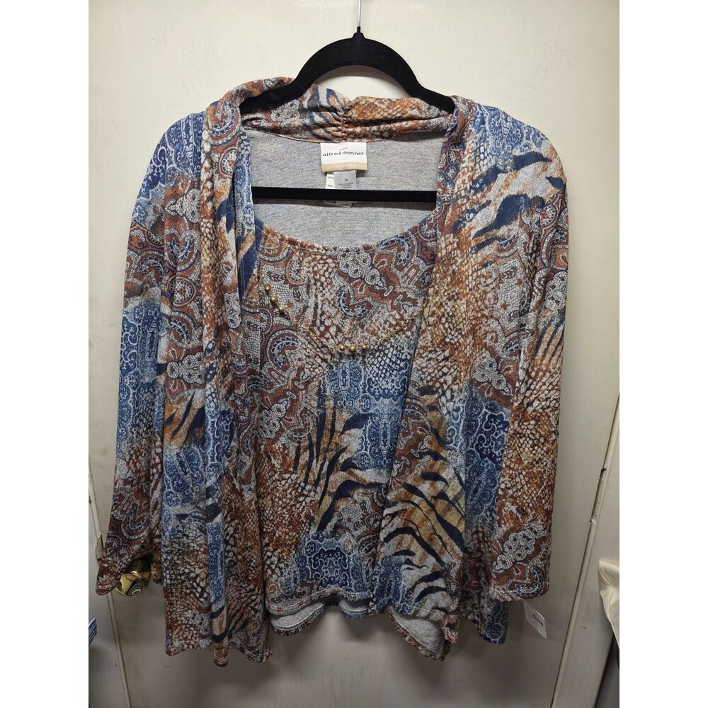 Alfred Dunner Layered Look Blue Brown Animal Print Cardigan Tank Y2K 3X